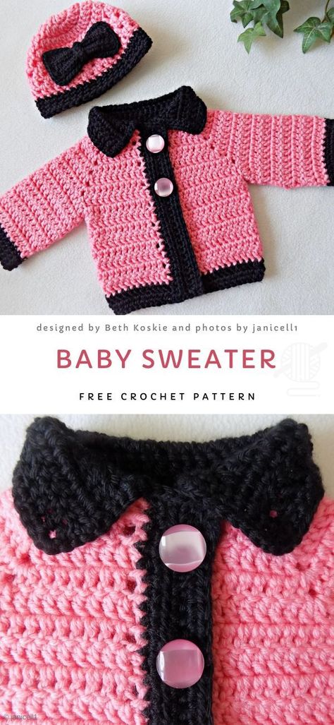 Pink with black is a lovely, beautiful combination of colors, that will look great on pictures and in real life. But if you want, you can easily change black for any other color, it will look just as stunning.  #freecrochetpattern #baby #sweater Crochet Baby Cardigan Free Pattern, Crochet Sweater Top, Diy Crochet Sweater, Cardigan Free Pattern, Pattern 2023, Sweater Tutorial, Crochet Baby Sweater Pattern, Crochet Baby Jacket, Sweater Designs