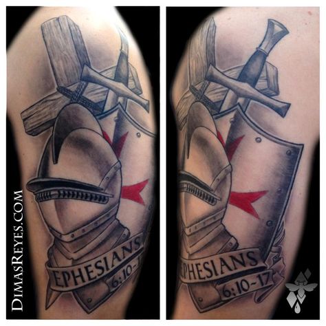 Black and Grey Armor of God tattoo by Dimas Reyes -  	This tattoo depicts some of the elements of the armor of God described in Ephesians 6. I love t Armour Of God Tattoo, Templar Knight Tattoo, Armor Of God Tattoo, Armour Of God, Shield Tattoo, God Tattoo, Knight Tattoo, Armor Tattoo, Mark Tattoo