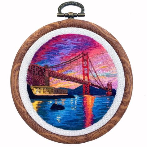 Jocelyn H. (@jocestitches) • Instagram photos and videos San Francisco Golden Gate Bridge, Wood Pattern, Thread Painting, Wood Patterns, Hoop Art, Bay Bridge, Golden Gate Bridge, Golden Gate, Embroidery Art