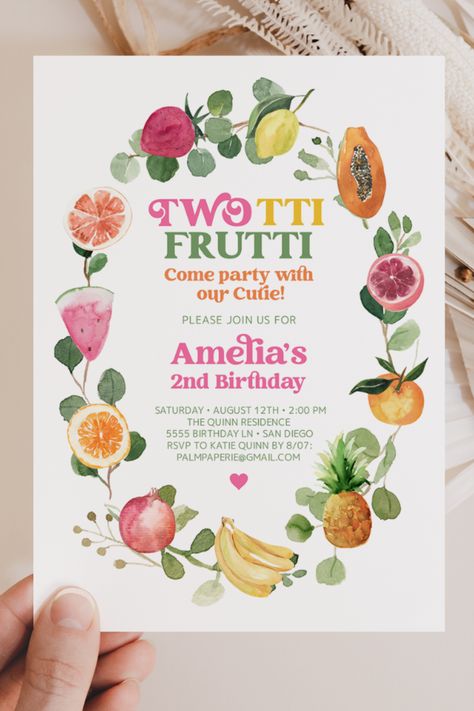 Two Frutti Birthday Party, At Home 2nd Birthday Party Ideas, Two To Fruity Birthday, 2 Year Birthday Theme Girl Summer, Twootie Fruity Party, Two Ti Fruiti Birthday Party, Summer Girl Birthday Party Ideas, Second Bday Party Ideas Girl, Second Girl Birthday Ideas