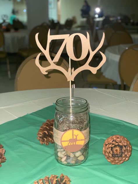 Mason Jar Centerpieces For Birthday Men, Hunting Party Table Decor, Hunting Centerpiece Ideas, Camouflage Birthday Party, Deer Hunting Birthday, Hunting Birthday Party, 70 Birthday, Hunting Theme, Cabin Theme