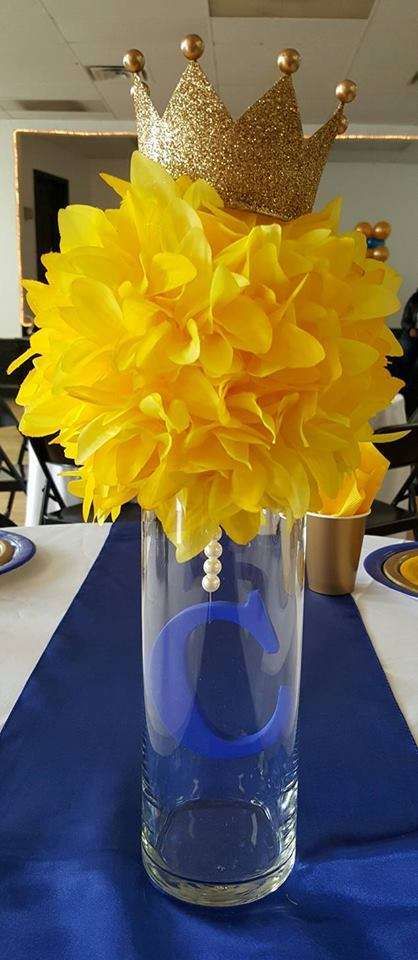 Royal Baby Shower | CatchMyParty.com King Centerpieces Royal, Prince Theme Centerpieces, King Centerpiece Ideas, Crown Royal Centerpiece Ideas, Tiara Centerpiece Ideas, Royal Party Ideas, Crown Baby Shower Ideas, Crown Centerpiece Ideas, Royal Centerpieces