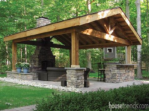 Pavilion blends in well with nature Shelter House, Rustic Patio, Outdoor Pavilion, Pavilion Design, Backyard Gazebo, Backyard Pavilion, Outdoor Living Rooms, Outdoor Living Spaces, Backyard Patio Designs