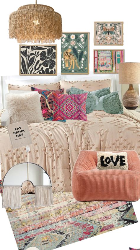 This boho bedroom has neutral bedding with layers of beautiful colors. Please comment for the link to the products in this photo. Please follow me for more decor ideas. Colorful Bohemian Bedroom, Teen Bedroom Colors, Boho Teen Bedroom, Boho Dorm, Minimal Bedroom, Hotel Inspiration, Teen Bedrooms, Neutral Bedding, Colorful Bohemian