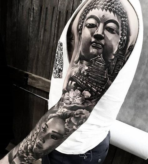 60 Inspirational Buddha Tattoo Ideas | Cuded Full Arm Sleeve Tattoo, Sleeves Tattoos, Buddha Tattoo Sleeve, Buda Tattoo, Geisha Tattoos, Tattoos Color, Mangas Tattoo, Temple Tattoo, Ray Tattoo