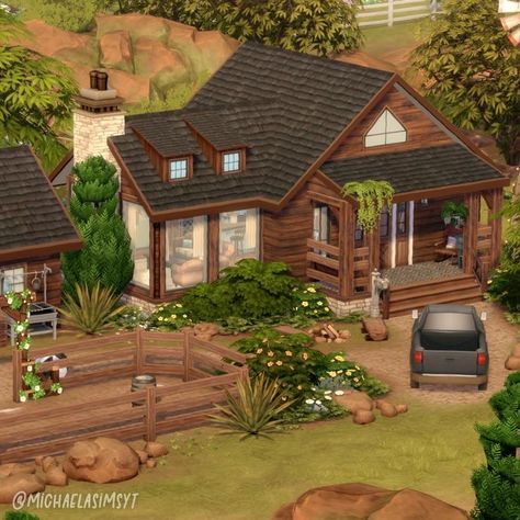 Small Horse Ranch, Small Ranch House Plans, Small Ranch House, Small Rustic House, Sims 4 Cottage, Sims 4 Houses Layout, Modern Ranch House, Sims 4 Speed Build, Ranch Exterior