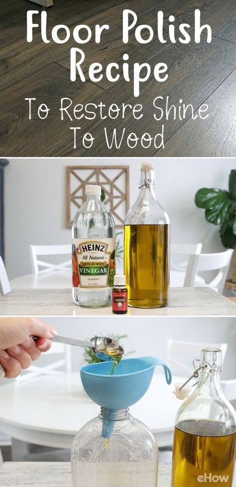 DIY wood polish that helps you restore the shine in your wood floors without any fear of damage! Made form ingredients you already have at home! Diy Wood Polish, Shine Wood Floors, Homemade Wood Stains, Wood Floor Care, Wood Floor Polish, Homemade Floor Cleaners, Diy Hardwood Floors, Polish Recipe, Diy Wood Stain