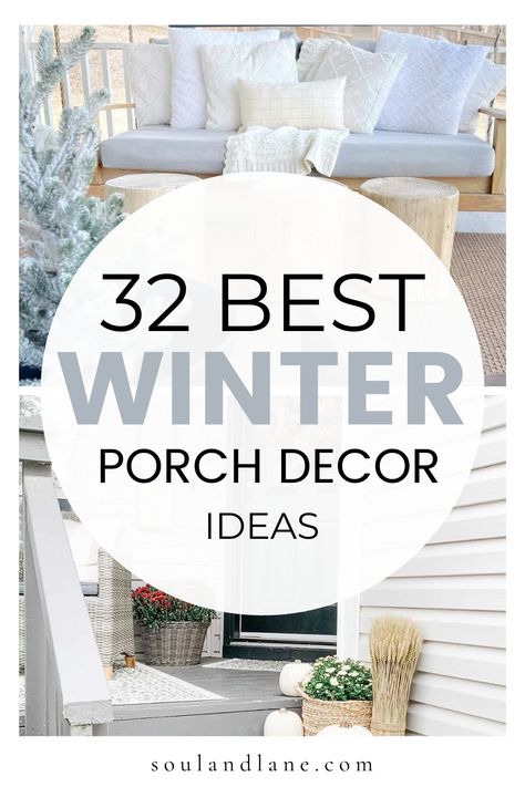 Elevate your front porch with the charm of winter. From festive lighting to cozy textiles, these ideas will turn your outdoor space into a winter wonderland adding a touch of enchantment to your home's exterior. Winter Patio Furniture, Winter Porch Ideas Cold Weather, Winter Decor Front Porch Non Christmas, Exterior Winter Decor, Christmas Screen Porch Decorating Ideas, Winter Front Porch Decor Rustic, Winter Decor Outside, Small Porch Winter Decor, Farmhouse Winter Porch Decor