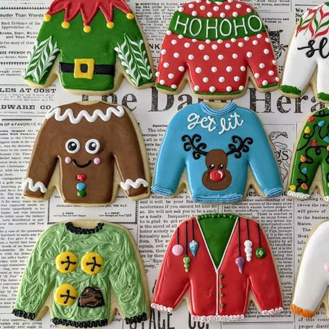 Ugly Sweater Decorated Cookies, Christmas Stick Cookies Decorated, Ugly Sweater Cookies Decorated, Funny Christmas Cookies, Ugly Sweater Cookies, Cookie Flooding, Ugly Christmas Sweater Cookies, Sweater Cookies, Reindeer Ugly Sweater