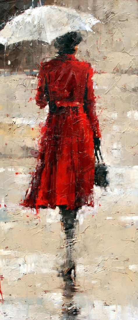 A woman, rain, a colorful and vintage coat, an umbrella...there is nothing more classic. It is beautiful, elegant, and reminds me of me! #expressive Andre Kohn, Siluete Umane, Walking In The Rain, Red Coat, Purple Rain, Pics Art, In The Rain, Figure Painting, Painting Crafts