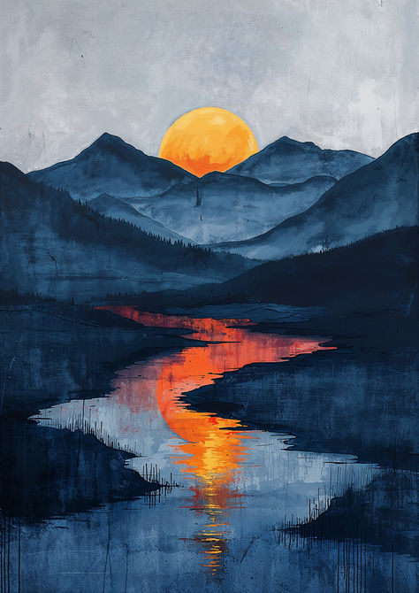 Discover the quietude of dusk with 'Sunset Serenity'. This piece captures an orange orb of twilight descending behind shadowy peaks, its mirror image shimmering across the still waters below. Landscape Water Painting, Water Colour Art Inspiration, Sunset Background Painting, Dusk Drawing, Earth Acrylic Painting, Nature Painting Images, Orange Sunset Painting, Orange Art Painting, Unique Watercolor Paintings