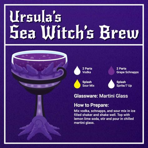 Head Under the Sea with Ursula's Witch's Brew Cocktail - Disney Dining Information Disney Villains Alcoholic Drinks, Disney Villain Inspired Cocktails, Disney Villain Alcohol Drinks, Disney Villains Cocktails, Disney Villain Drinks, Villain Cocktails, Anime Cocktails, Beachy Cocktails, Disney Themed Cocktails