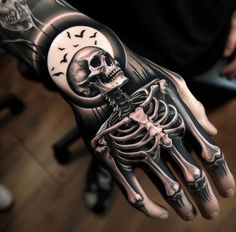 Skellington Hand Tattoo, Hand Tattoos For Guys Ideas Design, Bone Arm Tattoo, Skull On Hand Tattoo, Creepy Tattoos For Women, Skull Hand Tattoo Design, Skull Bones Tattoo, Hand Bones Tattoo, Halloween Hand Tattoos