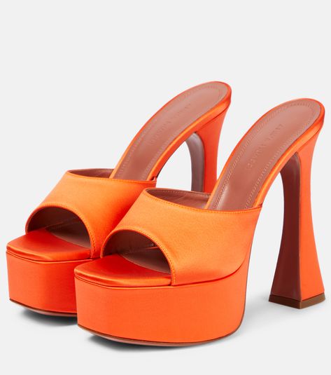 Dalida Satin Platform Mules in Orange - Amina Muaddi | Mytheresa Amina Muaddi Shoes, Luxury Lifestyle Women, Platform Mules, Orange Satin, Amina Muaddi, Goat Leather, Party Looks, Shoe Game, Mules Shoes