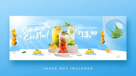 Premium PSD | Summer drink menu promotion facebook cover banner template Summer Drink Menu, Food Logo Design Inspiration, Fb Banner, Drink Covers, Bottle Design Packaging, Banner Design Inspiration, Summer Banner, Food Banner, Refreshing Summer Drinks