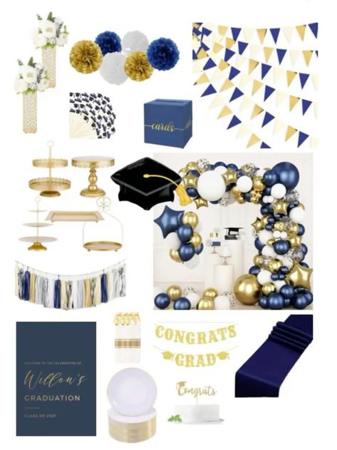 Blue And Gold Graduation Party Ideas, Graduation Party Ideas Decorations, Diy Graduation Party Centerpieces, Blue And Gold Graduation, Athletic Banquet, Graduation Party Checklist, College Graduation Party Decorations, Grad Party Decor, Blue Graduation Party