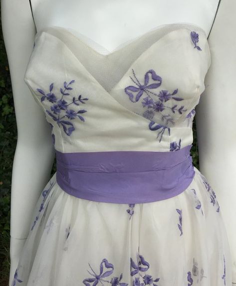 White Dress With Purple Accents, Hoco Inspiration, Purple And White Dress, Purple Sash, Vintage Purple Dress, Frog Rock, Sweetheart Neck Dress, Sheer Overlay Dress, Retro Wardrobe