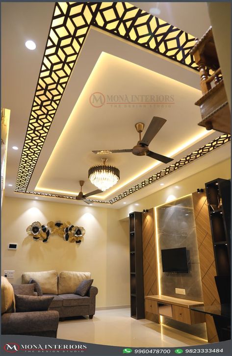 Living room interior designed by Mona Interiors - Pune. Living Room Pvc Ceiling Design, Pop Design Hall, Pvc Ceiling Design Living Rooms, Living Room False Ceiling Design, Hall Pop, Hall Ceiling, Ceiling Wood, Simple Ceiling, Fall Ceiling