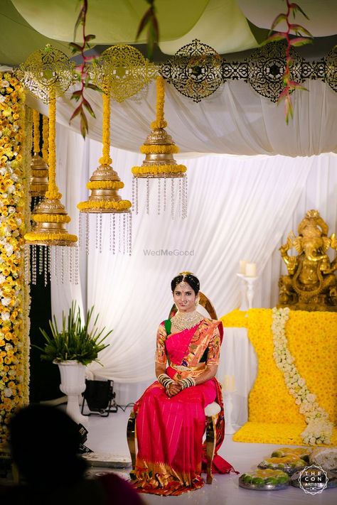 Photo from Manasa & Subhram Wedding Half Saree Function Backdrop, Pelli Kuthuru Function, Dhoti Function Decoration, Dhoti Function, Mangala Snanam, Uncut Jewellery, Shower Photoshoot, Maggam Designs, Half Saree Function