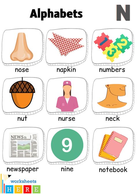 N Alphabet, Letter A Words, Alphabet N, Words List, Alphabet Words, American School, Letter N Words, Letters For Kids, Picture Letters