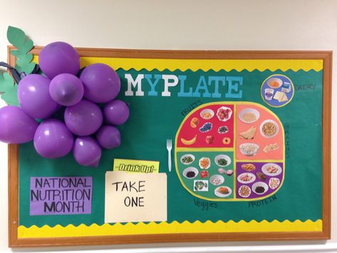 National Nutrition Month bulletin board - MyPlate School Cafeteria Decorations, Cafeteria Bulletin Boards, Nutrition Bulletin Boards, Pe Bulletin Boards, School Lunchroom, Nurse Bulletin Board, Health Bulletin Boards, School Nurse Office, Work Bulletin Boards