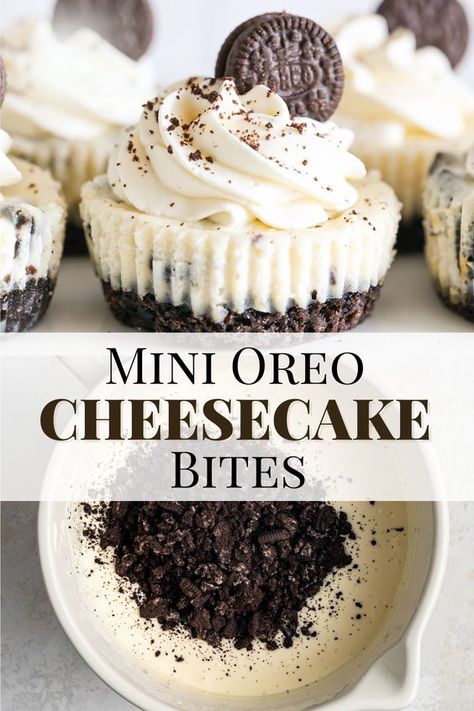 These mini oreo cheesecake bite are the perfect Fall dessert recipe. They are made with oreo crust, a creamy oreo cheesecake filling and are topped with whipped cream and a mini oreo cookie. Mini muffin tin cheesecakes are so easy and delicious. Freeze them ahead and you have the perfect individual dessert cups for a crowd or any holiday event. Cream Cheese Dessert Recipes Easy, Individual Birthday Desserts, Small Deserts Ideas, Simple Baked Goods Recipes, Mini Oreo Cheesecake Recipes, Difficult Dessert Recipes, Mini Muffin Pan Desserts, Individual Desserts For Parties, Individual Dessert Cups