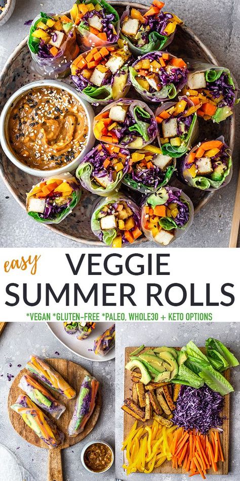 These Fresh Summer Rolls are made with fresh vegetables, herbs, tofu and served with a peanut butter dipping sauce. A vegan twist on Vietnamese Spring Rolls (Goi Cuon), these healthy salad rolls are a light and nutritious appetizer, snack or lunch that can be made ahead and stored. Gluten-free, dairy-free, vegan, with low carb, paleo, keto and Whole30 options. Easy Whole 30 Recipes Vegetarian, Summer Recipes Gluten Free, Vegan Recipes Picnic, Paleo Spring Rolls, Vegan Gluten Free Asian Recipes, Vegan Summer Dinner Recipes, Whole Food Appetizers, Healthy Spring Roll Recipes, Gluten Dairy Free Appetizers