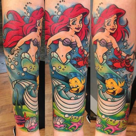 Flounder Tattoo, Sebastian Tattoo, Flounder And Sebastian, Mermaid Sleeve Tattoos, Little Mermaid Tattoo, Best Cover Up Tattoos, World Famous Tattoo Ink, Unusual Tattoo, Ariel And Flounder