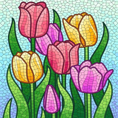 Mosaic Drawing, Tulip Drawing, Color Day, Paint App, Zen Colors, Tulips Art, Mosaic Tile Art, Stained Glass Paint, Cosmic Art