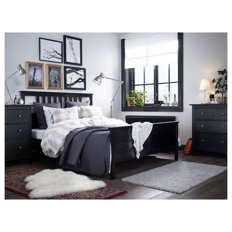 HEMNES Bed frame - black-brown, Leirsund - IKEA Master Bedrooms Black, Bedroom Black Furniture, Ikea Hemnes Bed, Ikea Bed Frames, Bachelor Bedroom, Hemnes Bed, Design Ložnic, Black Bed Frame, Black Bed