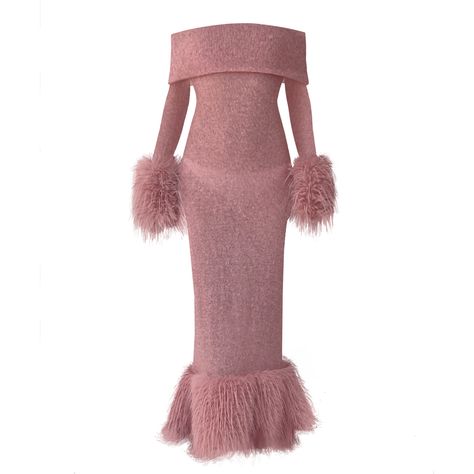 Made to order. Ships in 1 to 3 weeks   Off-shoulder and elegantly long, this flattering dress features long sleeves, cuffs, and dress bottom adorned with matching lovely pink faux fur. A fitted and lined dress, its fabric composition of 90% mohair and 10% wool ensures a soft and comfortable feel with a touch of stretch Pink Fur Dress, Lirika Matoshi, Pink Sweater Dress, Fur Dress, Eid Outfit, Pink Fur, Pretty Shirts, Flattering Dress, Pink Faux Fur