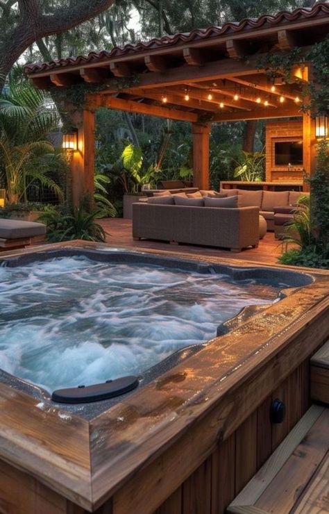 Peaceful Water, Hot Tub Patio, Hot Tub Backyard, Hot Tub Garden, Cozy Backyard, Jacuzzi Outdoor, Backyard Inspo, Patio Designs, Backyard Living