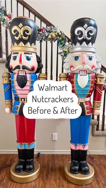 Christmas Porch Nutcracker, Nutcrackers Makeover, Large Nutcracker Front Porch, 75 Inch Nutcracker, Painted Walmart Nutcracker, Outdoor Nutcracker Christmas Decor, Walmart Nutcracker Diy, Nutcracker Cutout, Wooden Nutcracker Painting Ideas