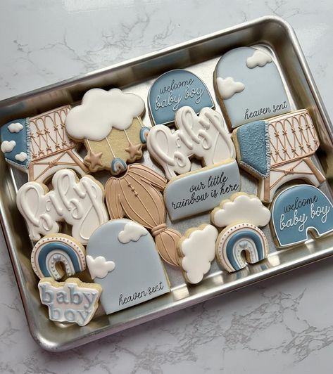 Gender Reveal Cookies, Mother's Day Theme, Cloud Theme, Boy Gender Reveal, Baby Shower Theme Decorations, Baby Shower Cookies, Heaven Sent, Icing Cookies, Baby Shower Gender Reveal