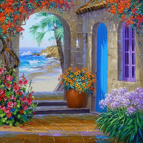 coastal painting images - Google Search Mikki Senkarik, Greece Painting, Greek Paintings, Simple Oil Painting, Greece Art, Canvas For Beginners, 수채화 그림, Lukisan Cat Air, Nature Art Painting