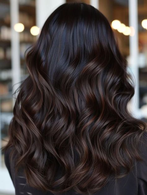 Dark Hair With Dark Balayage, Dark To Brown Balayage, Dark Hair Color Money Piece, Dark Long Hair Styles, Brunette Balayage Hair Black, Dark Brown On Black Hair, Fall Hair Color For Black Hair Balayage, Dark Root Brown Balayage, Espresso Balayage Dark Brown