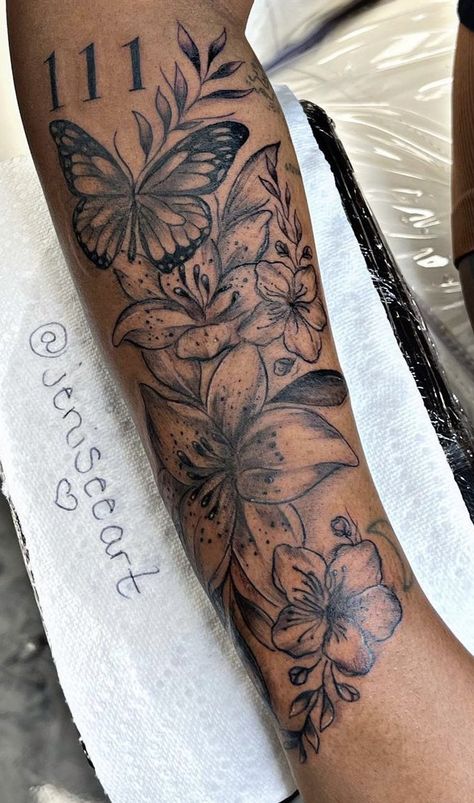 Lily Quarter Sleeve Tattoo, Garden Tattoos For Women, Flowers And Butterflies Tattoos, Tattoo Arm Frauen, Butterfly Arm Tattoo, Butterfly Sleeve Tattoo, Black People Tattoos, Floral Arm Tattoo, Butterfly Tattoos Images