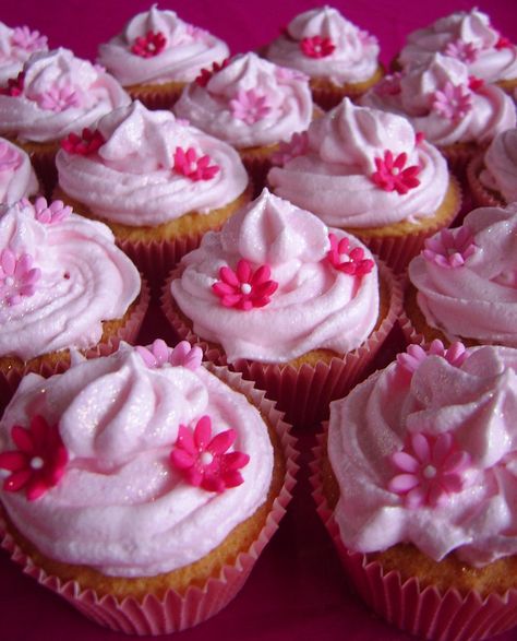 Biscuit base, vanilla sponge, strawberry creme filling and marshmallow frosting. Decorated with light and dark pink daisies and glitter sprinkles. Daisies And Strawberries, Marshmallow Daisy, Daisy Strawberry Cake, Pink Daisy Cupcakes, Creme Filling, Daisy Cupcakes, Light Pink Gerbera Daisy, Pink Daisies, Marshmallow Frosting