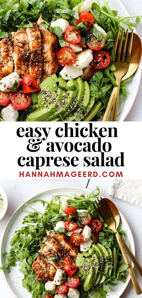 Balsamic Chicken Avocado Caprese Salad, Chicken Avocado Caprese Salad, Rustic Avocado Salad And Caprese Chicken, Salads Under 400 Calories Lunch Recipes, Avacado Salad With Balsamic, Chicken Avocado Tomato, Chicken Caprese Salad, Avocado Caprese Salad, Salad With Olive Oil