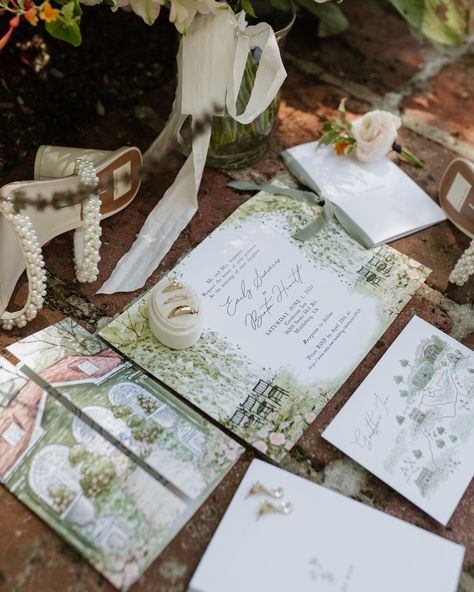 It is the biggest gift to see photos of your work tied into the final vision of a wedding day, and even more so when the wedding is THIS beautiful! Creating Emily & Benton’s stationery was such a joy. I designed custom invitations with an illustration of their venue and grounds, a venue map of the location, table numbers featuring the names and stories of places that have been special to them throughout their relationship, and place cards featuring illustrations to remind the guests of their... Illustration Wedding, Wedding Illustration, Big Gifts, Wedding Invite, Watercolor Wedding, Wedding Saving, Custom Invitations, Table Numbers, Place Cards