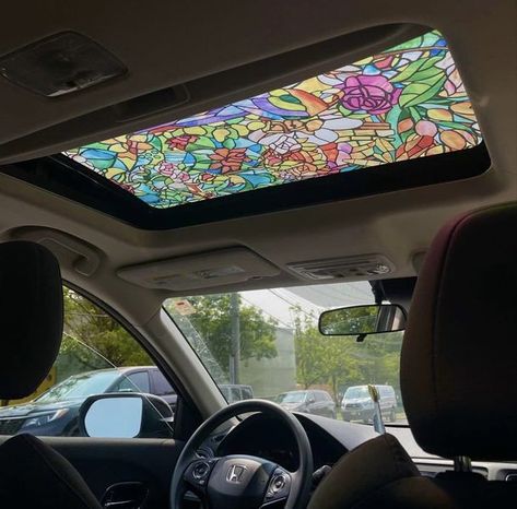 Łindsey Miles - ✨Stained glass window cling on car sun... Car Stained Glass Sunroof, Stained Glass Sunroof Car, Stained Glass Sunroof, Car With Sunroof, Sun Roofs, Beetle Accessories, Stained Glass Window Clings, Car Interior Diy, Window Stained