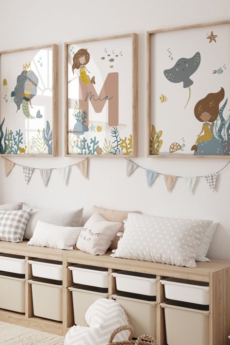 Dive into enchantment with our personalized Mermaid Nursery Prints, adding a whimsical touch to your little one's haven! Each print features a charming mermaid design adorned with vibrant hues, complemented by customizable name details to make it uniquely theirs.Designed to inspire dreams of underwater adventures, our Mermaid Nursery Prints make the perfect gift for baby showers, birthdays, or any occasion celebrating the arrival of a precious little mermaid. Nursery Under The Sea, Mermaid Nursery Decor, Under The Sea Nursery, Nursery Prints Girl, Sea Nursery, Mermaid Nursery, Ocean Nursery, Mermaid Design, Nursery Name Sign