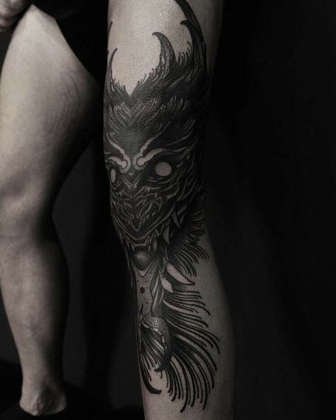 Knee Tattoo Men, Tattoo Knee, Gotik Tattoo, Shadow Tattoo, Egyptian Tattoo Sleeve, Card Tattoo Designs, Demon Tattoo, Wicked Tattoos, Clever Tattoos