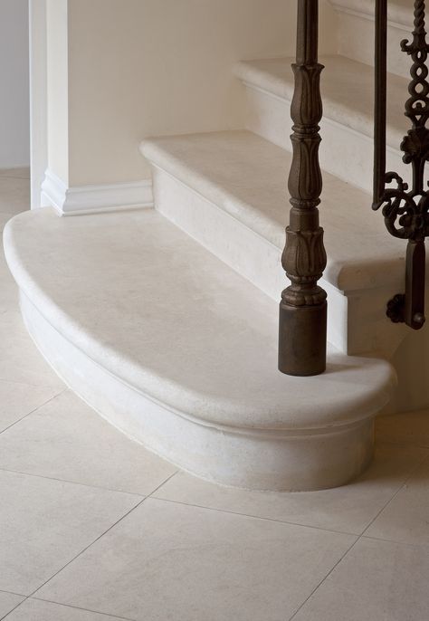 Stonework by Stone Design London - two -flight cantilever staircase in rare French Limestone. Under Bryen Langley Ltd. management as Main Contractor Staircase Stone Design, Small Curved Staircase Ideas, Natural Stone Stairs Interior, Modern French Provincial Staircase, Stairs Stone Design, Limestone Stairs, Stone Stairs Interior, French Staircase, Cantilever Staircase