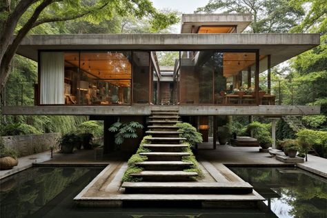 Brutalist Villa, Brutalist Interior Design, Brutalist House, Mountain Home Exterior, Module Design, Pool Landscape Design, Brutalist Design, Symmetrical Design, Warm Interior