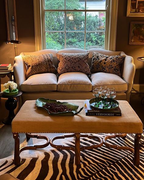 Janey Ginn (@janeyginn) • Instagram photos and videos Moody Maximalist Living Room, Maximalist Dining Room, Moody Maximalist, Vintage Maximalist Decor, Maximalist Living Room, Zebra Rug, Library Living Room, Vintage Bathroom Decor, Vintage Home Office