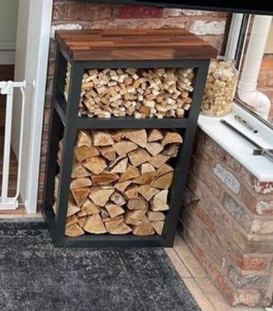 Log Burner Wood Storage, Wood Storage Indoor, Log Store Indoor, Indoor Log Storage, Kindling Storage, Cabin Style Living Room, Indoor Firewood Rack, Firewood Stand, Firewood Storage Indoor