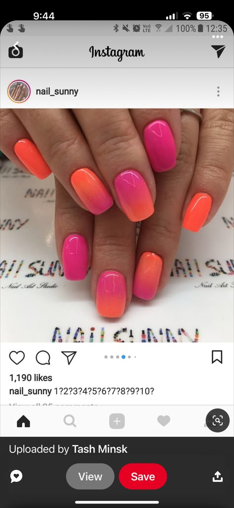 Sunset Dip Nails, Bright Pink Vacation Nails, Holiday Nails Summer 2023 Bright, Bright Holiday Nails Summer, Tropical Ombre Nails, Trendy Nail Colors 2024 Summer, Pink And Orange Nails Short, Bright Holiday Nails, Holiday Nails Summer 2023