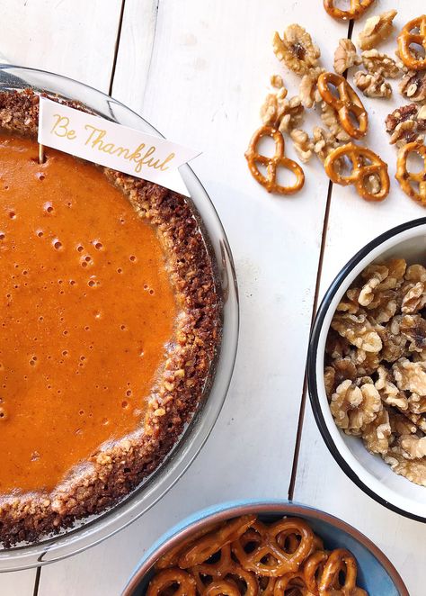 Walnut Pretzel Pumpkin Pie. - DomestikatedLife Friendsgiving Apps, Pie With Pretzel Crust, Thanksgiving Leftover Breakfast, Creamed Spinach Casserole, New England Food, Turkey Desserts, Cheesecake Ideas, England Food, Sausage Cornbread Stuffing