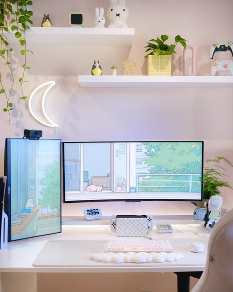 Desktop Room Ideas, Dual Monitor Desk Setup, Desk Ideas Minimalist, Modern Desk Ideas, Monitor Desk Setup, Ergonomic Desk Setup, Gaming Setup Accessories, Fancy Desk, Minimalist Desk Setup